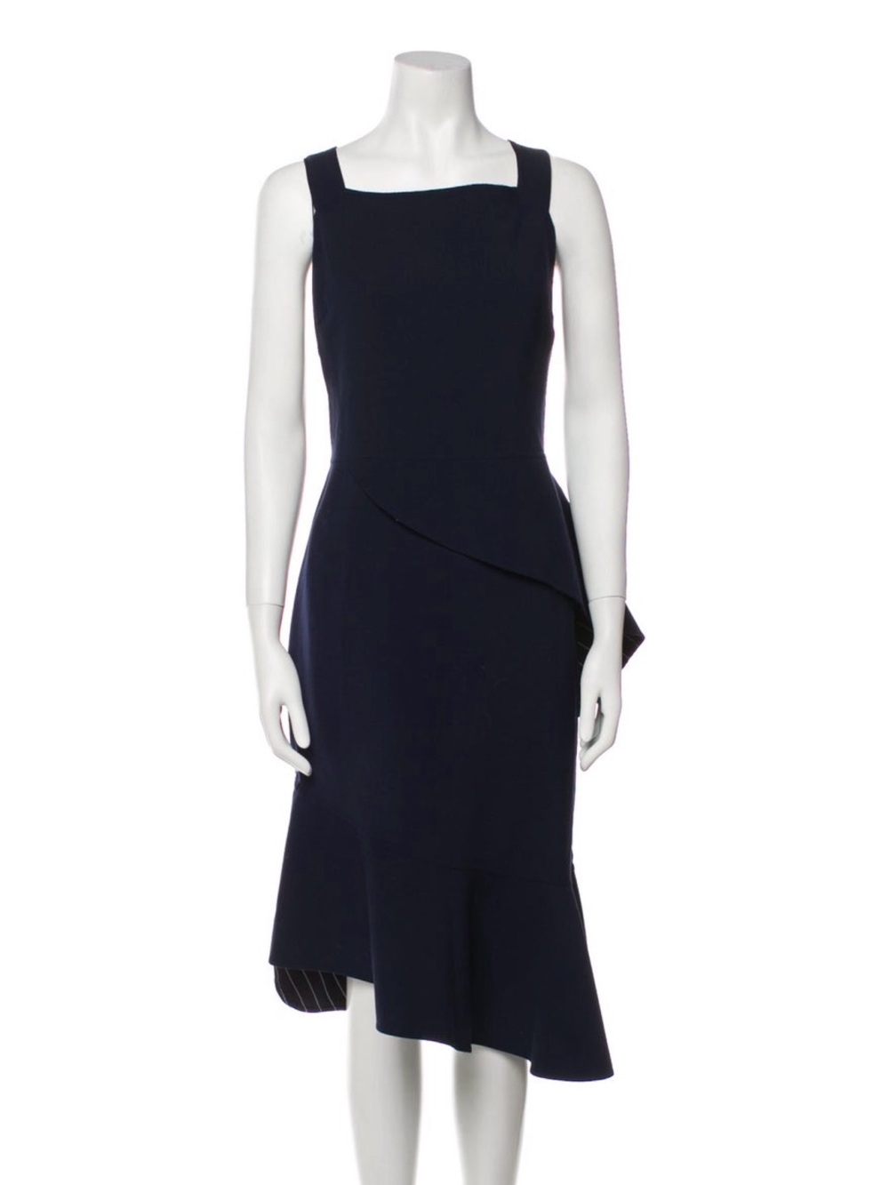 Oscar de la Renta Navy Square-Neck Midi Dress